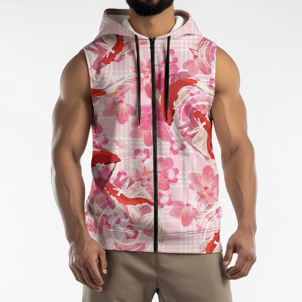 Pink Palaka Hawaii Aloha Sleeveless Zip Hoodie Koi Pond Mix Sakura LT7 - Polynesian Pride