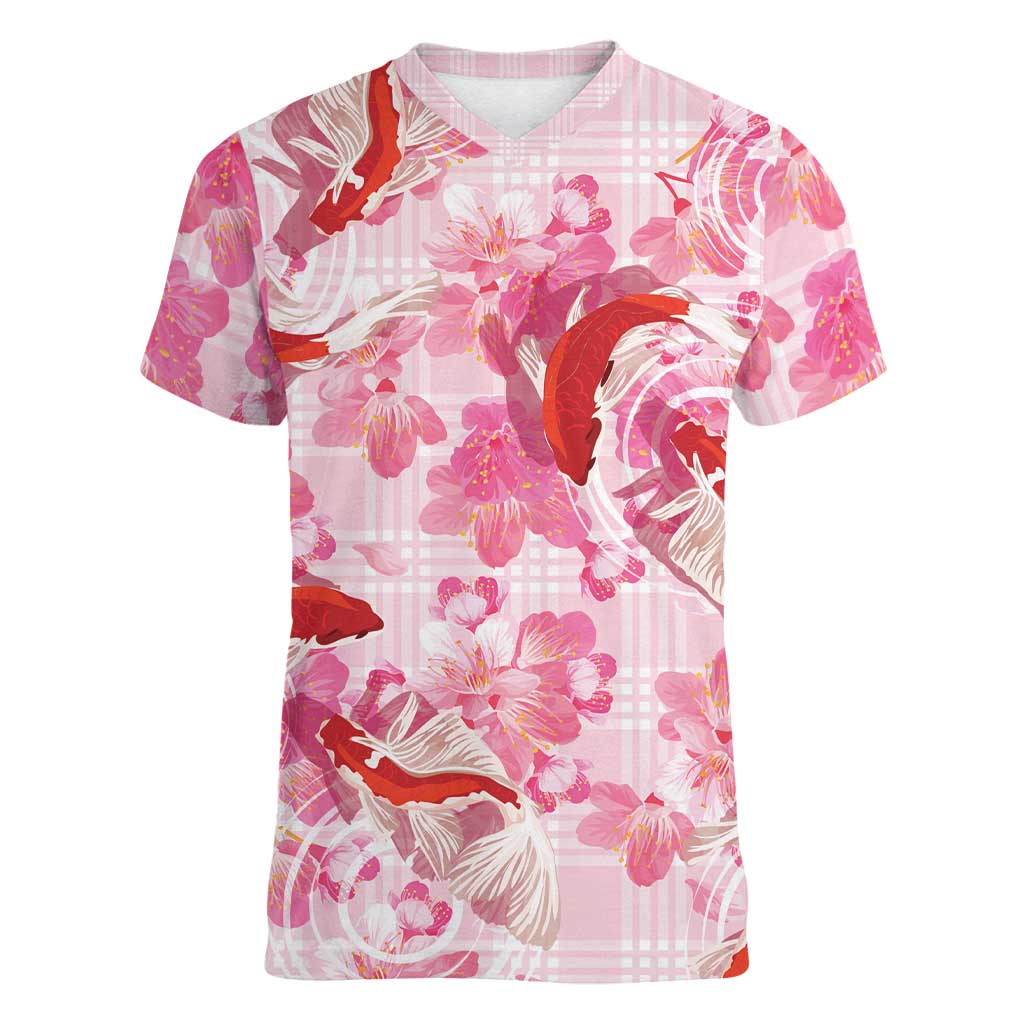 Pink Palaka Hawaii Aloha Women V-Neck T-Shirt Koi Pond Mix Sakura - Polynesian Pride