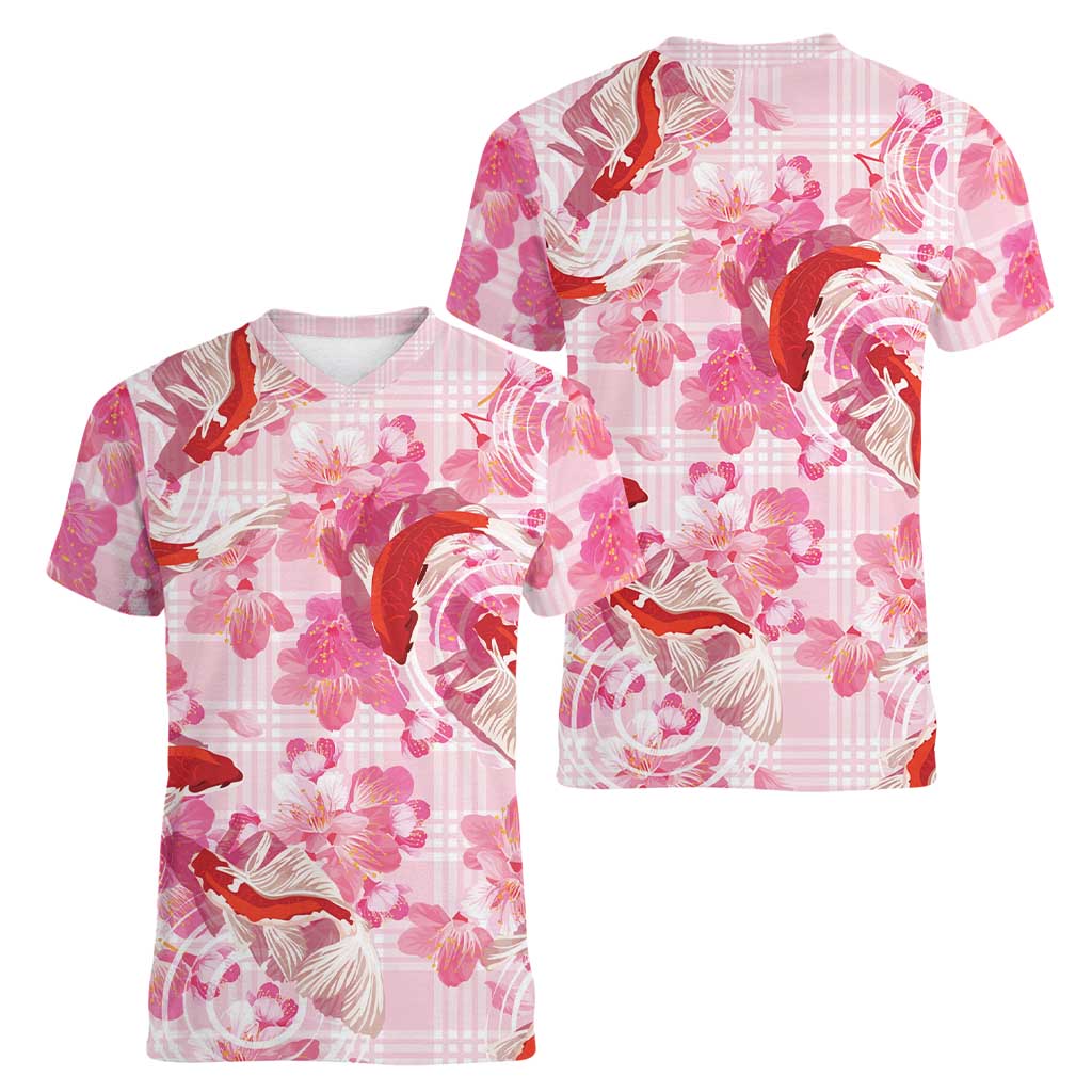 Pink Palaka Hawaii Aloha Women V-Neck T-Shirt Koi Pond Mix Sakura - Polynesian Pride