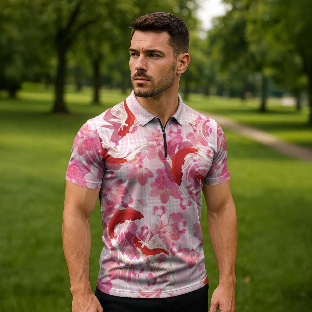 Pink Palaka Hawaii Aloha Zipper Polo Shirt Koi Pond Mix Sakura - Polynesian Pride