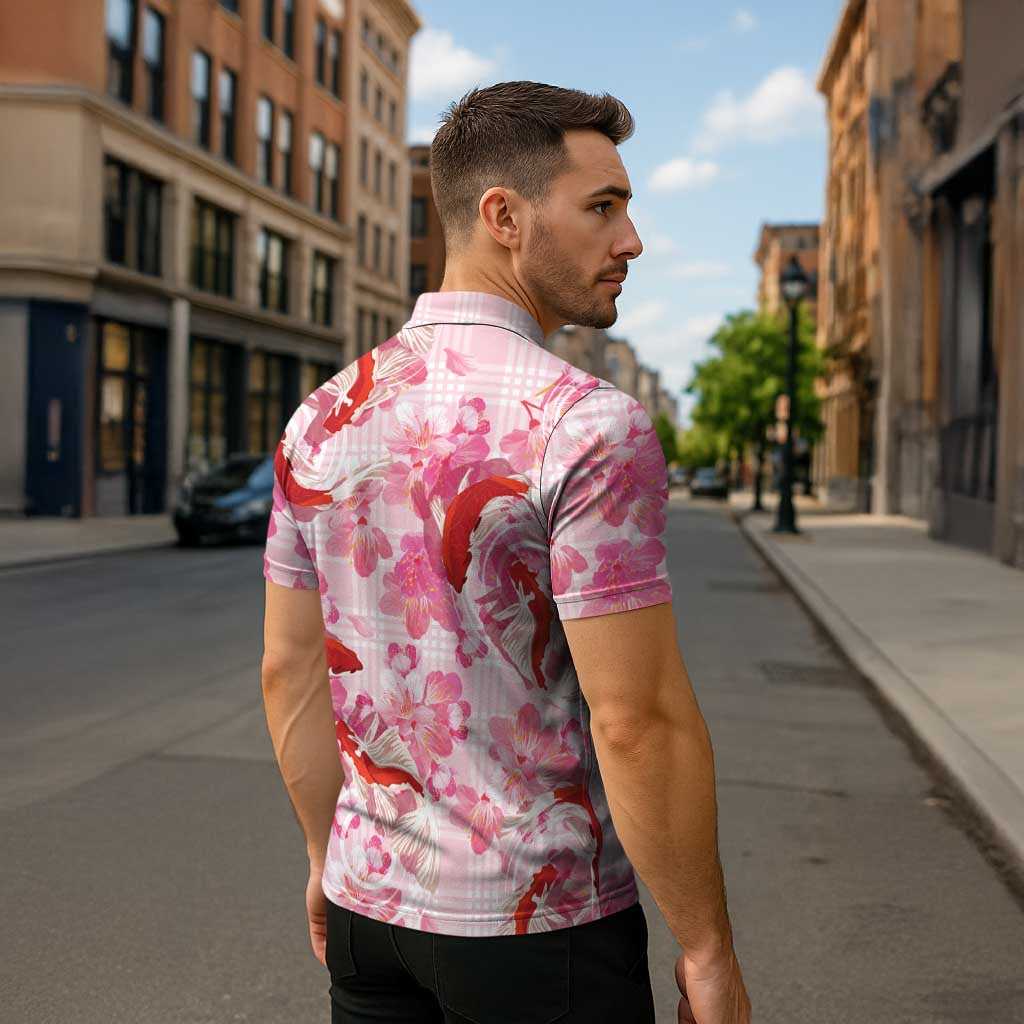 Pink Palaka Hawaii Aloha Zipper Polo Shirt Koi Pond Mix Sakura - Polynesian Pride