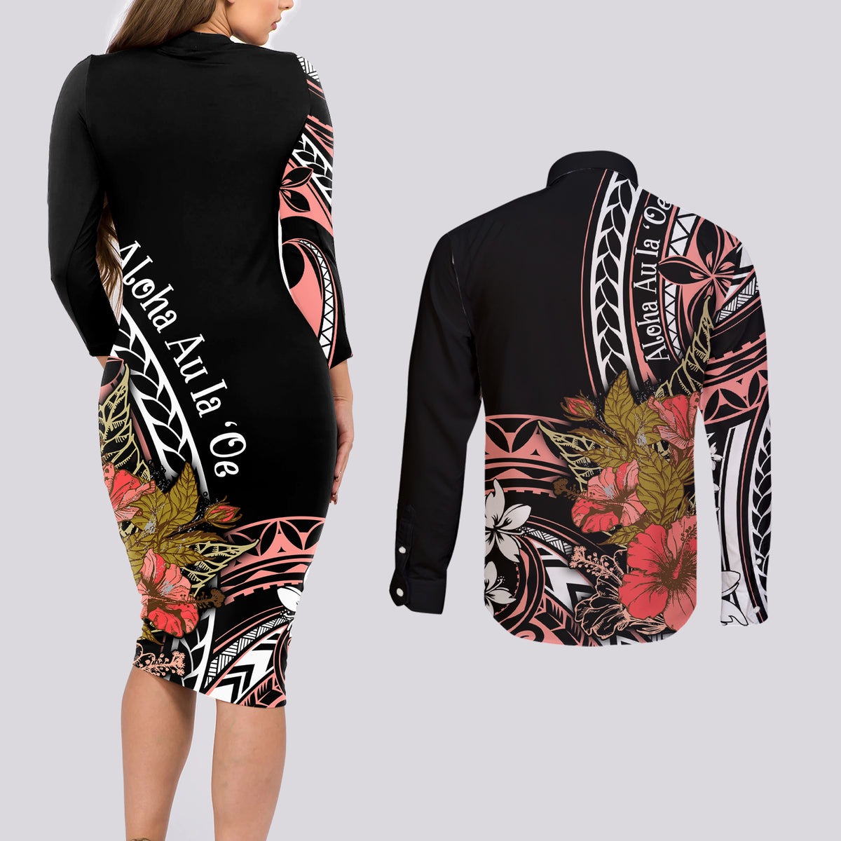 Hawaii Valentine Couples Matching Long Sleeve Bodycon Dress and Long Sleeve Button Shirt Plumeria Aloha Wau Ia Oe LT7 - Polynesian Pride