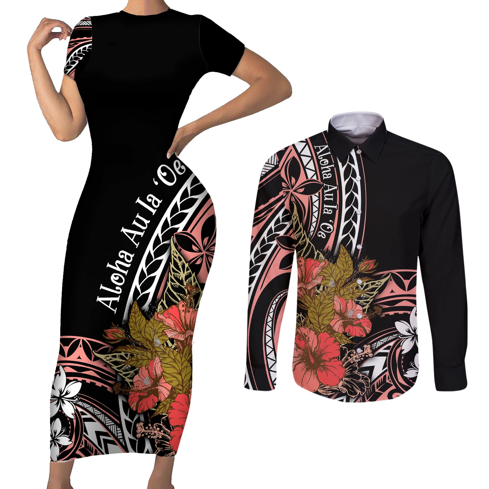Hawaii Valentine Couples Matching Short Sleeve Bodycon Dress and Long Sleeve Button Shirt Plumeria Aloha Wau Ia Oe LT7 Pink - Polynesian Pride