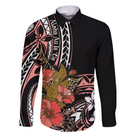 Hawaii Valentine Family Matching Off Shoulder Maxi Dress and Hawaiian Shirt Plumeria Aloha Wau Ia Oe LT7 Dad's Shirt - Long Sleeve Pink - Polynesian Pride