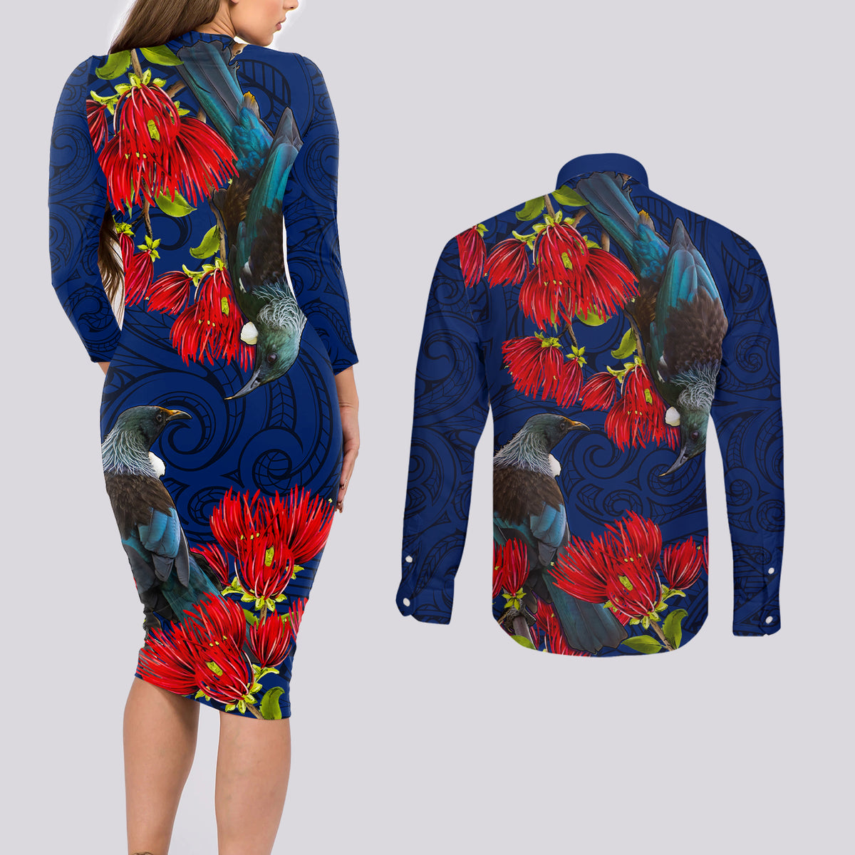 New Zealand Couples Matching Long Sleeve Bodycon Dress and Long Sleeve Button Shirt Tui Couple with Pohutukawa LT7 - Polynesian Pride