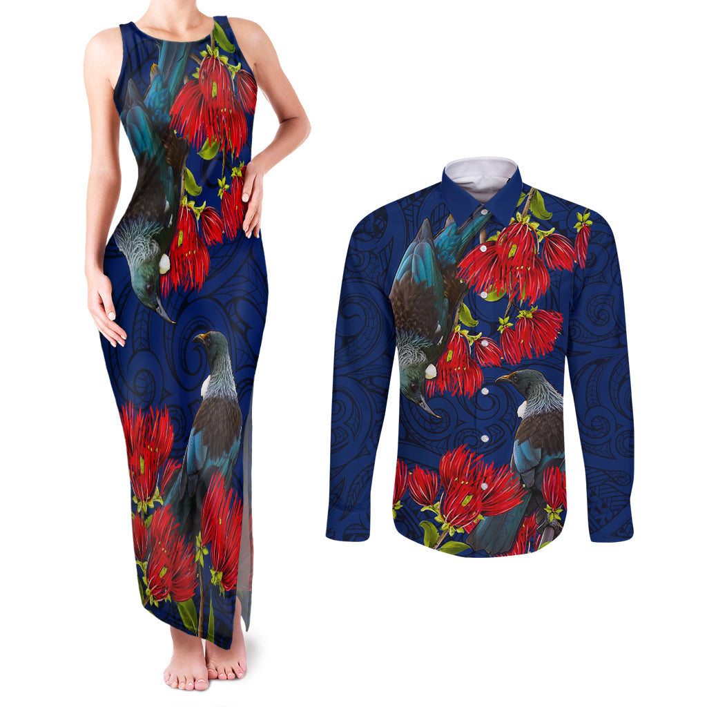 New Zealand Couples Matching Tank Maxi Dress and Long Sleeve Button Shirt Tui Couple with Pohutukawa LT7 Blue - Polynesian Pride