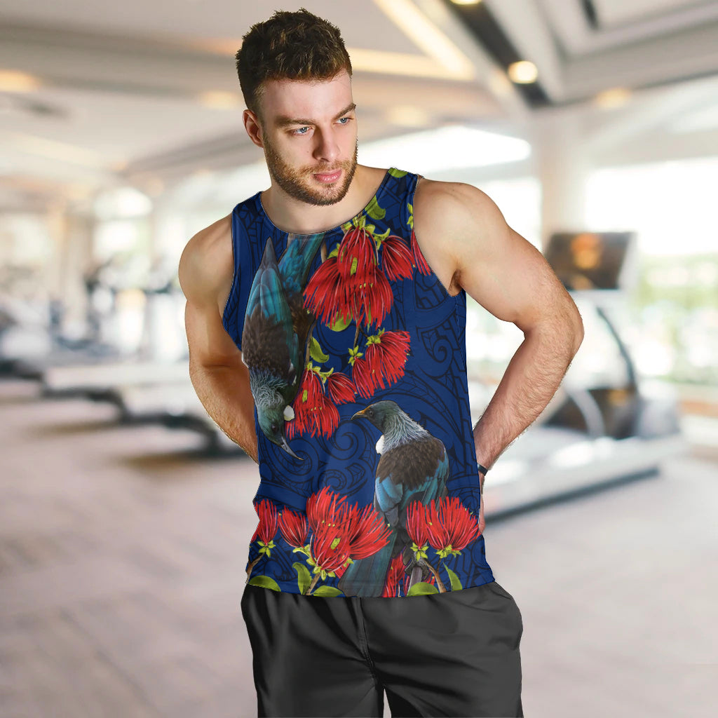 New Zealand Men Tank Top Tui Couple with Pohutukawa LT7 Blue - Polynesian Pride