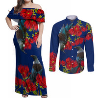 New Zealand Pohutukawa with Tui Birds Couples Matching Off Shoulder Maxi Dress and Long Sleeve Button Shirt Version 2 LT7 Blue - Polynesian Pride