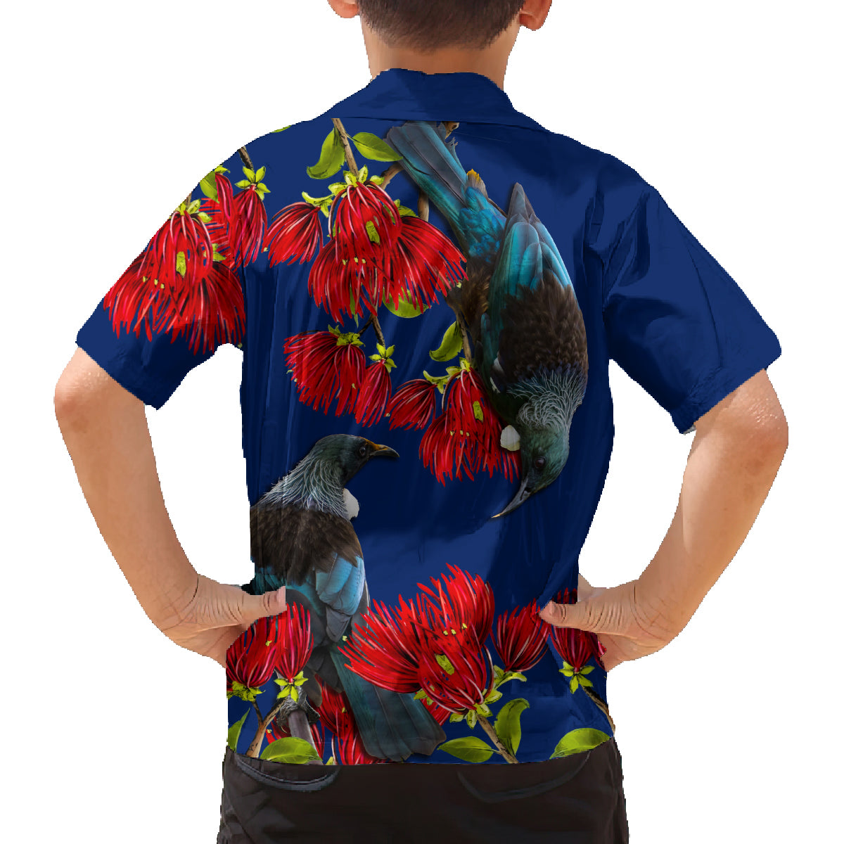 New Zealand Pohutukawa with Tui Birds Family Matching Off Shoulder Maxi Dress and Hawaiian Shirt Version 2 LT7 - Polynesian Pride