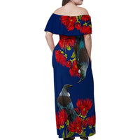 New Zealand Pohutukawa with Tui Birds Family Matching Off Shoulder Maxi Dress and Hawaiian Shirt Version 2 LT7 - Polynesian Pride