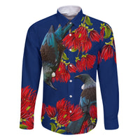New Zealand Pohutukawa with Tui Birds Family Matching Summer Maxi Dress and Hawaiian Shirt Version 2 LT7 Dad's Shirt - Long Sleeve Blue - Polynesian Pride