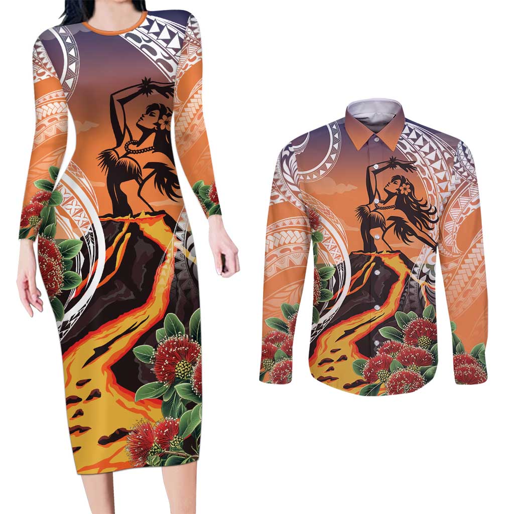 Hawaii Women's Day Tribal Couples Matching Long Sleeve Bodycon Dress and Long Sleeve Button Shirt Pele Honua Mea LT7 Art - Polynesian Pride