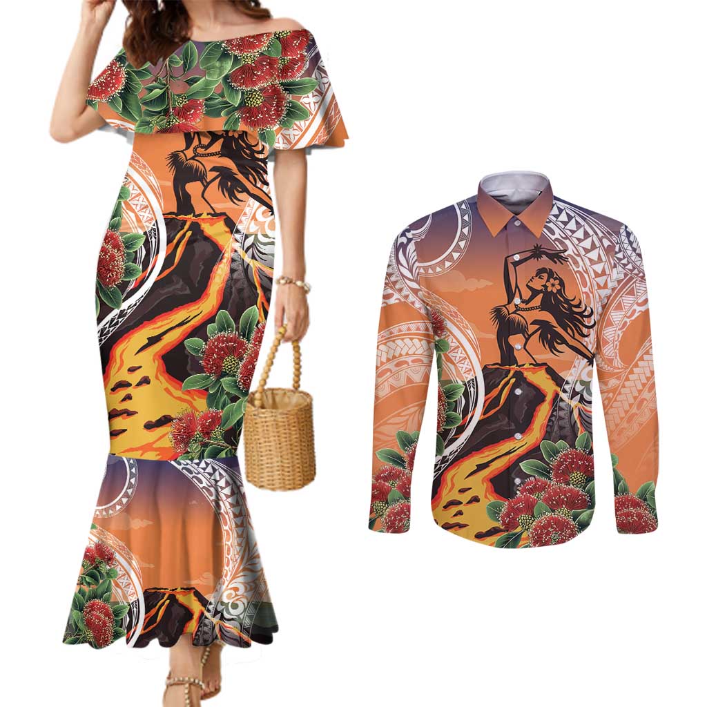 Hawaii Women's Day Tribal Couples Matching Mermaid Dress and Long Sleeve Button Shirt Pele Honua Mea LT7 Art - Polynesian Pride