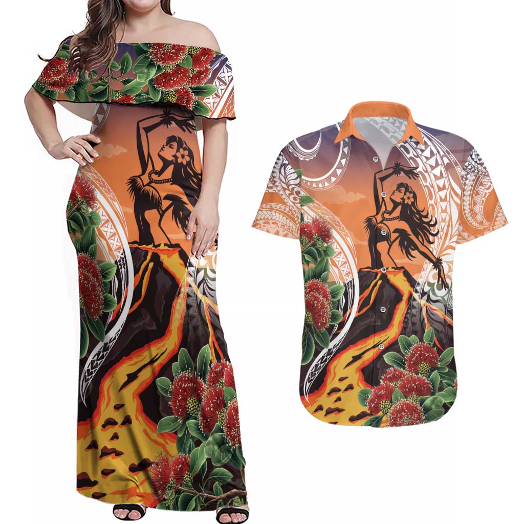 Hawaii Women's Day Tribal Couples Matching Off Shoulder Maxi Dress and Hawaiian Shirt Pele Honua Mea LT7 Art - Polynesian Pride