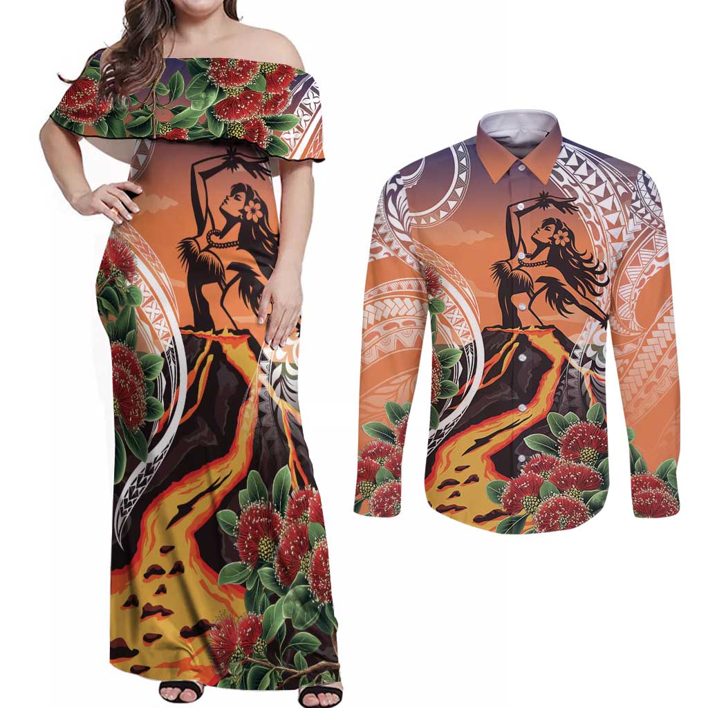 Hawaii Women's Day Tribal Couples Matching Off Shoulder Maxi Dress and Long Sleeve Button Shirt Pele Honua Mea LT7 Art - Polynesian Pride