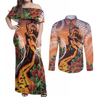 Hawaii Women's Day Tribal Couples Matching Off Shoulder Maxi Dress and Long Sleeve Button Shirt Pele Honua Mea LT7 Art - Polynesian Pride