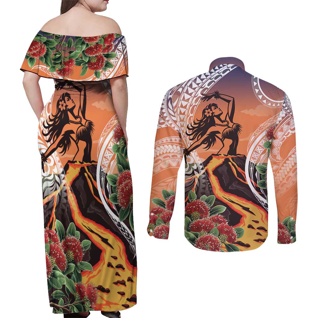 Hawaii Women's Day Tribal Couples Matching Off Shoulder Maxi Dress and Long Sleeve Button Shirt Pele Honua Mea LT7 - Polynesian Pride