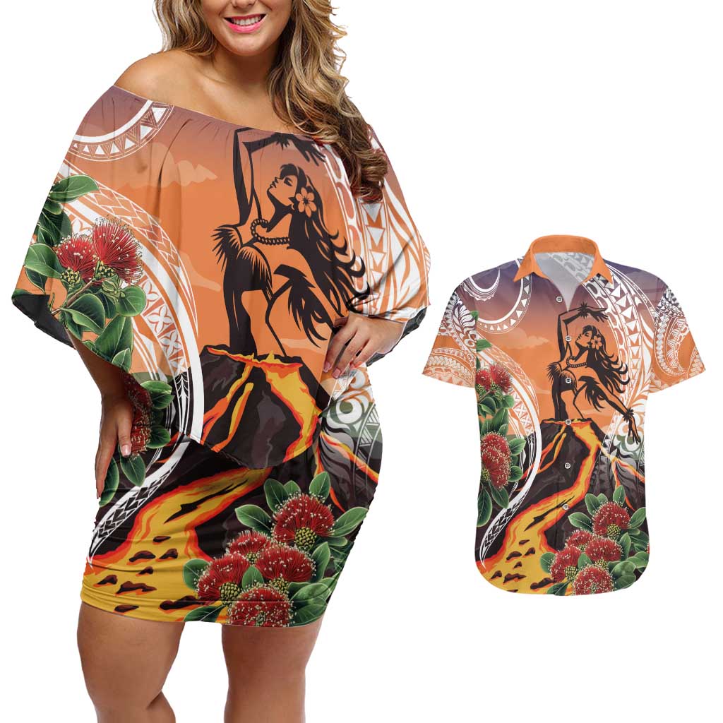 Hawaii Women's Day Tribal Couples Matching Off Shoulder Short Dress and Hawaiian Shirt Pele Honua Mea LT7 Art - Polynesian Pride
