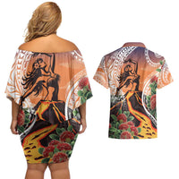 Hawaii Women's Day Tribal Couples Matching Off Shoulder Short Dress and Hawaiian Shirt Pele Honua Mea LT7 - Polynesian Pride