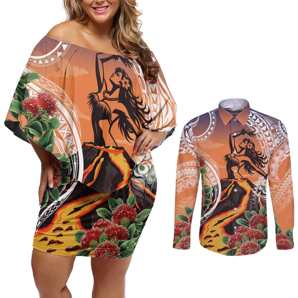 Hawaii Women's Day Tribal Couples Matching Off Shoulder Short Dress and Long Sleeve Button Shirt Pele Honua Mea LT7 Art - Polynesian Pride