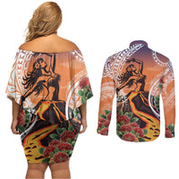 Hawaii Women's Day Tribal Couples Matching Off Shoulder Short Dress and Long Sleeve Button Shirt Pele Honua Mea LT7 - Polynesian Pride