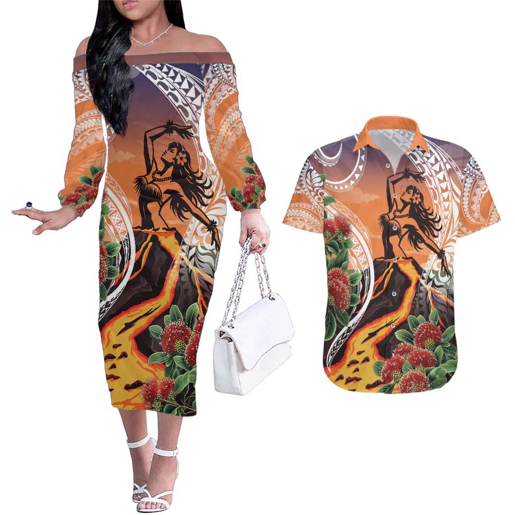 Hawaii Women's Day Tribal Couples Matching Off The Shoulder Long Sleeve Dress and Hawaiian Shirt Pele Honua Mea LT7 Art - Polynesian Pride