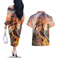 Hawaii Women's Day Tribal Couples Matching Off The Shoulder Long Sleeve Dress and Hawaiian Shirt Pele Honua Mea LT7 - Polynesian Pride