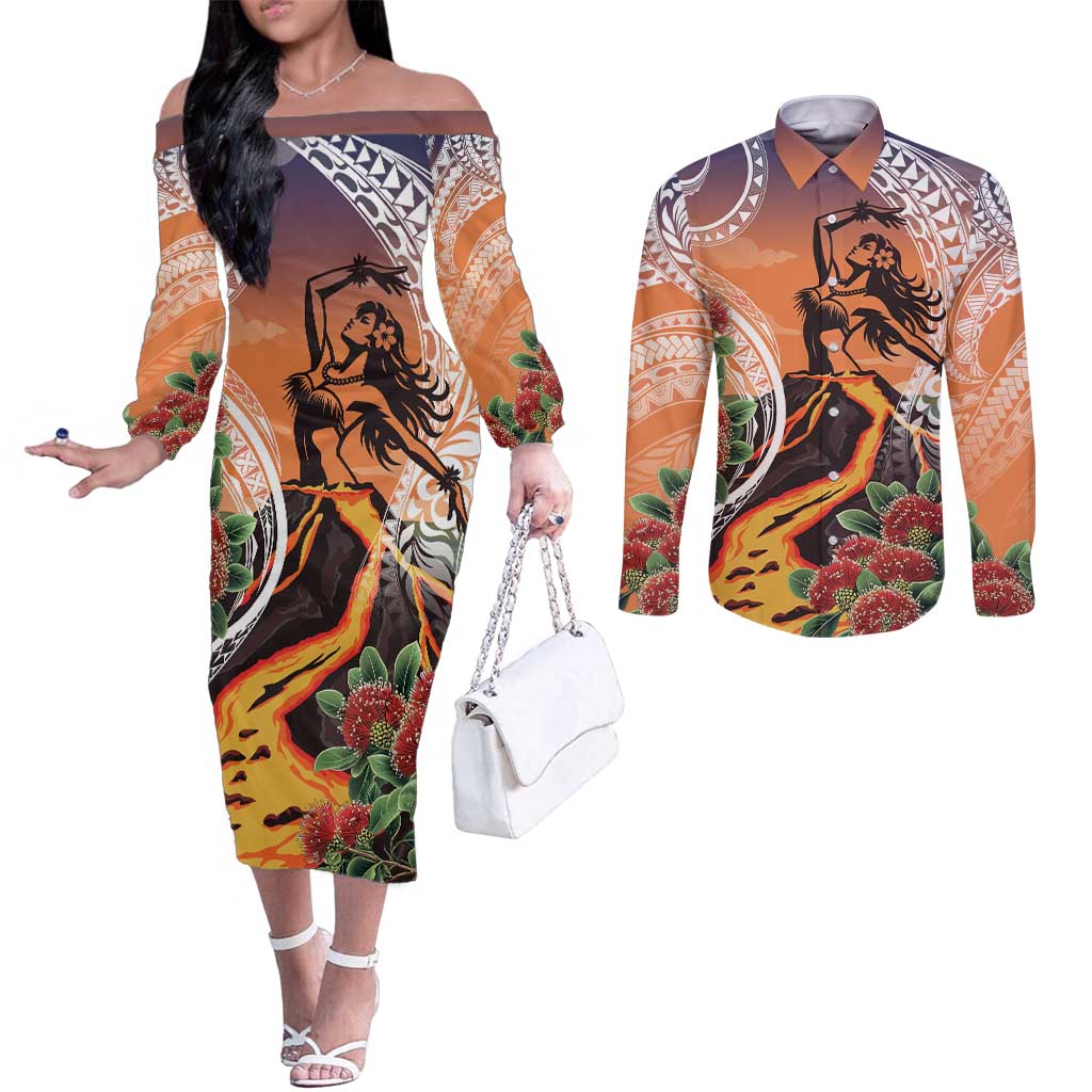Hawaii Women's Day Tribal Couples Matching Off The Shoulder Long Sleeve Dress and Long Sleeve Button Shirt Pele Honua Mea LT7 Art - Polynesian Pride