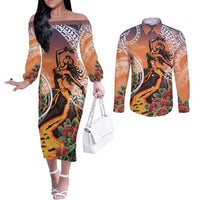 Hawaii Women's Day Tribal Couples Matching Off The Shoulder Long Sleeve Dress and Long Sleeve Button Shirt Pele Honua Mea LT7 Art - Polynesian Pride