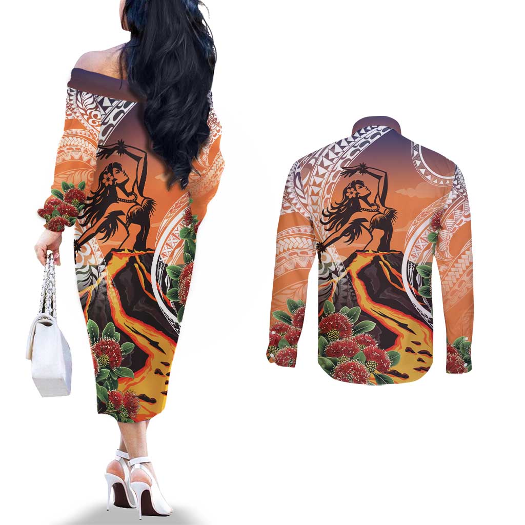 Hawaii Women's Day Tribal Couples Matching Off The Shoulder Long Sleeve Dress and Long Sleeve Button Shirt Pele Honua Mea LT7 - Polynesian Pride
