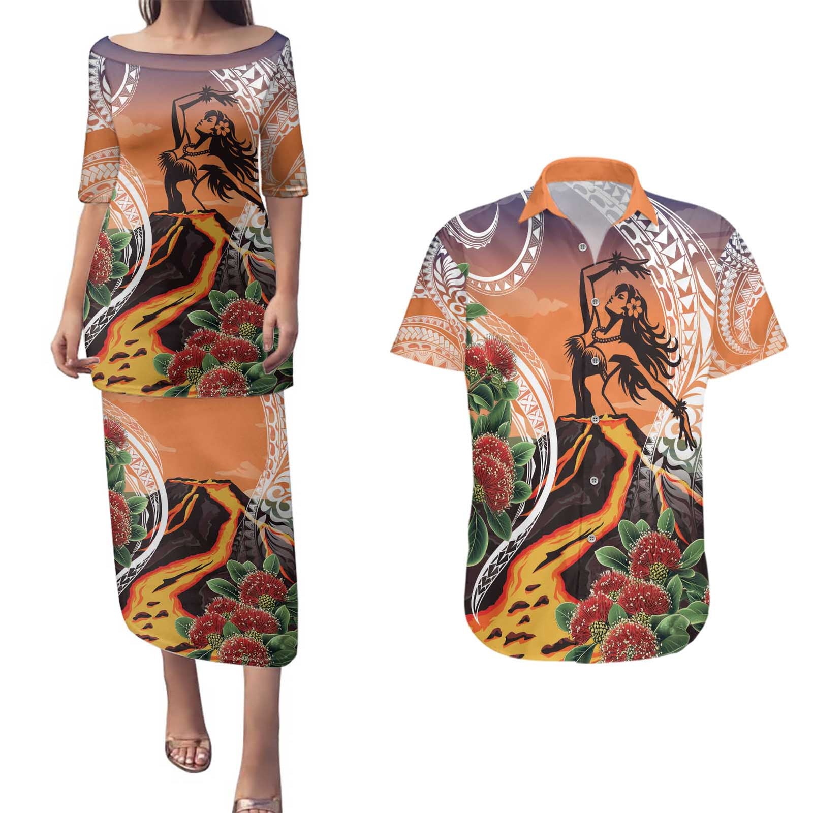 Hawaii Women's Day Tribal Couples Matching Puletasi and Hawaiian Shirt Pele Honua Mea LT7 Art - Polynesian Pride