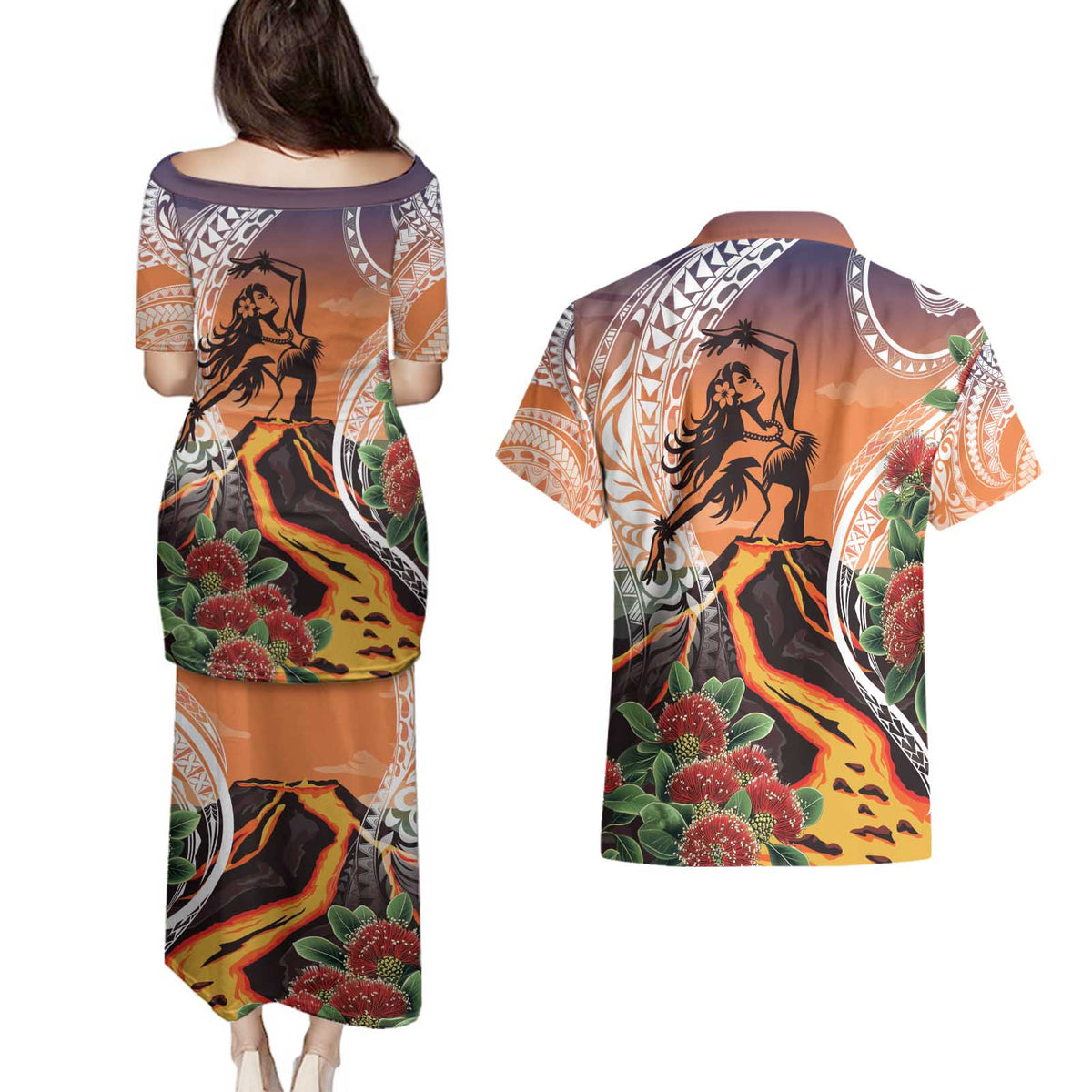 Hawaii Women's Day Tribal Couples Matching Puletasi and Hawaiian Shirt Pele Honua Mea LT7 - Polynesian Pride