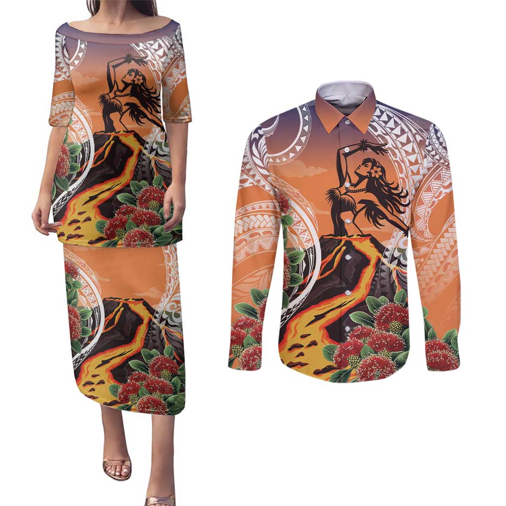 Hawaii Women's Day Tribal Couples Matching Puletasi and Long Sleeve Button Shirt Pele Honua Mea LT7 Art - Polynesian Pride
