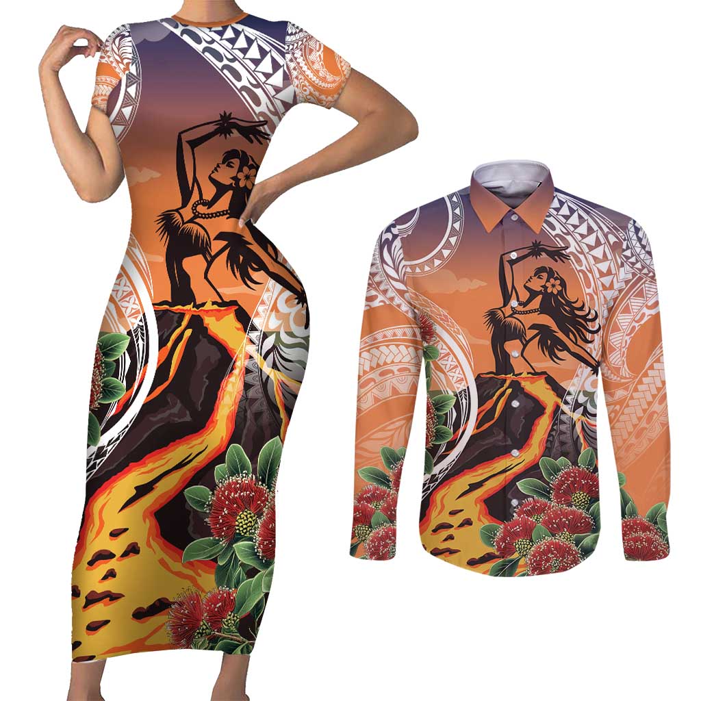 Hawaii Women's Day Tribal Couples Matching Short Sleeve Bodycon Dress and Long Sleeve Button Shirt Pele Honua Mea LT7 Art - Polynesian Pride
