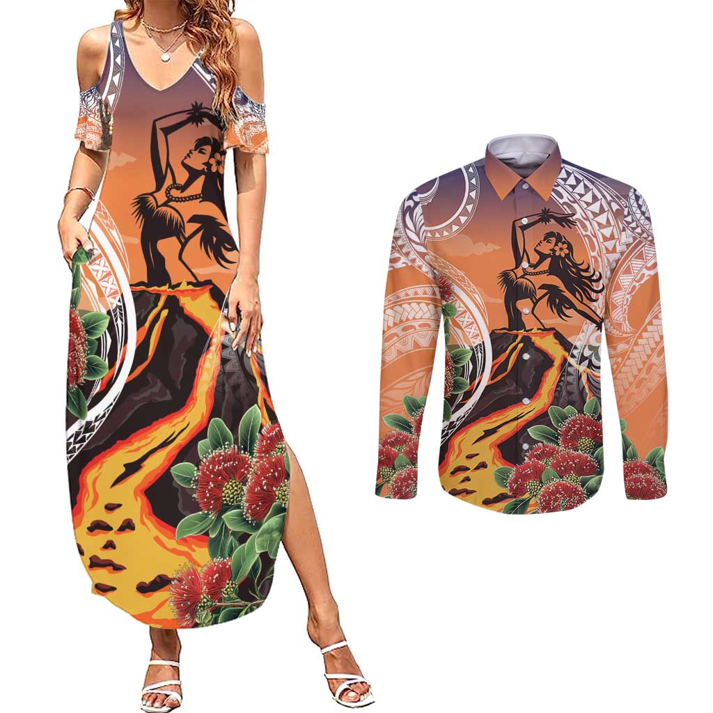 Hawaii Women's Day Tribal Couples Matching Summer Maxi Dress and Long Sleeve Button Shirt Pele Honua Mea LT7 Art - Polynesian Pride