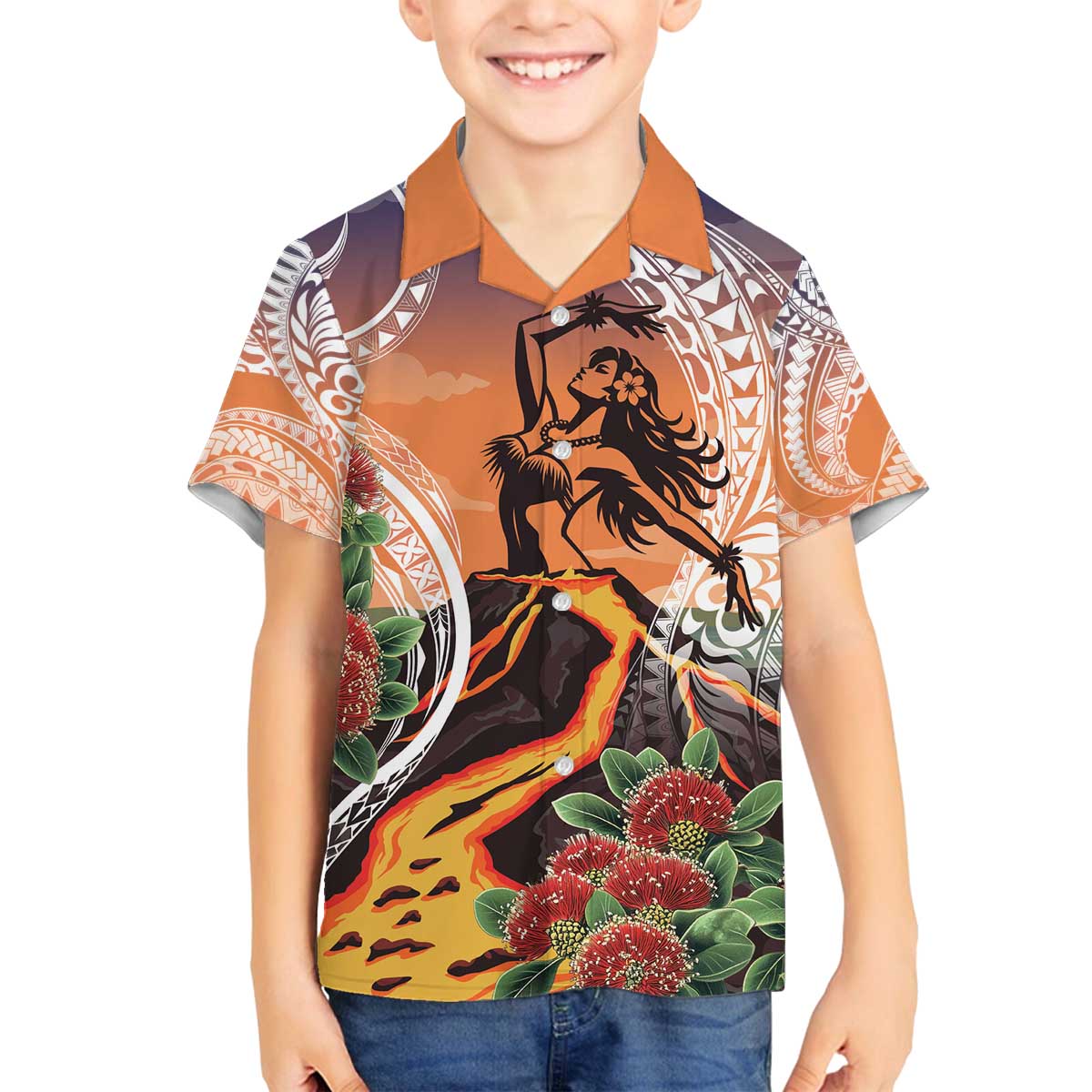 Hawaii Women's Day Tribal Family Matching Off The Shoulder Long Sleeve Dress and Hawaiian Shirt Pele Honua Mea LT7 Son's Shirt Art - Polynesian Pride