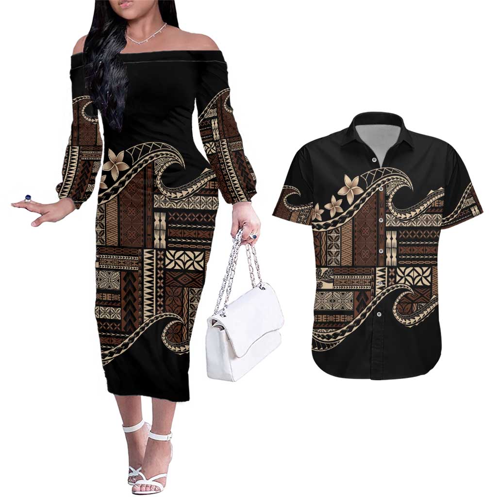 Samoa Siapo Mamanu Couples Matching Off The Shoulder Long Sleeve Dress and Hawaiian Shirt Waves Motifs LT7 Black - Polynesian Pride