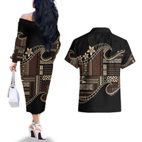 Samoa Siapo Mamanu Couples Matching Off The Shoulder Long Sleeve Dress and Hawaiian Shirt Waves Motifs LT7 - Polynesian Pride