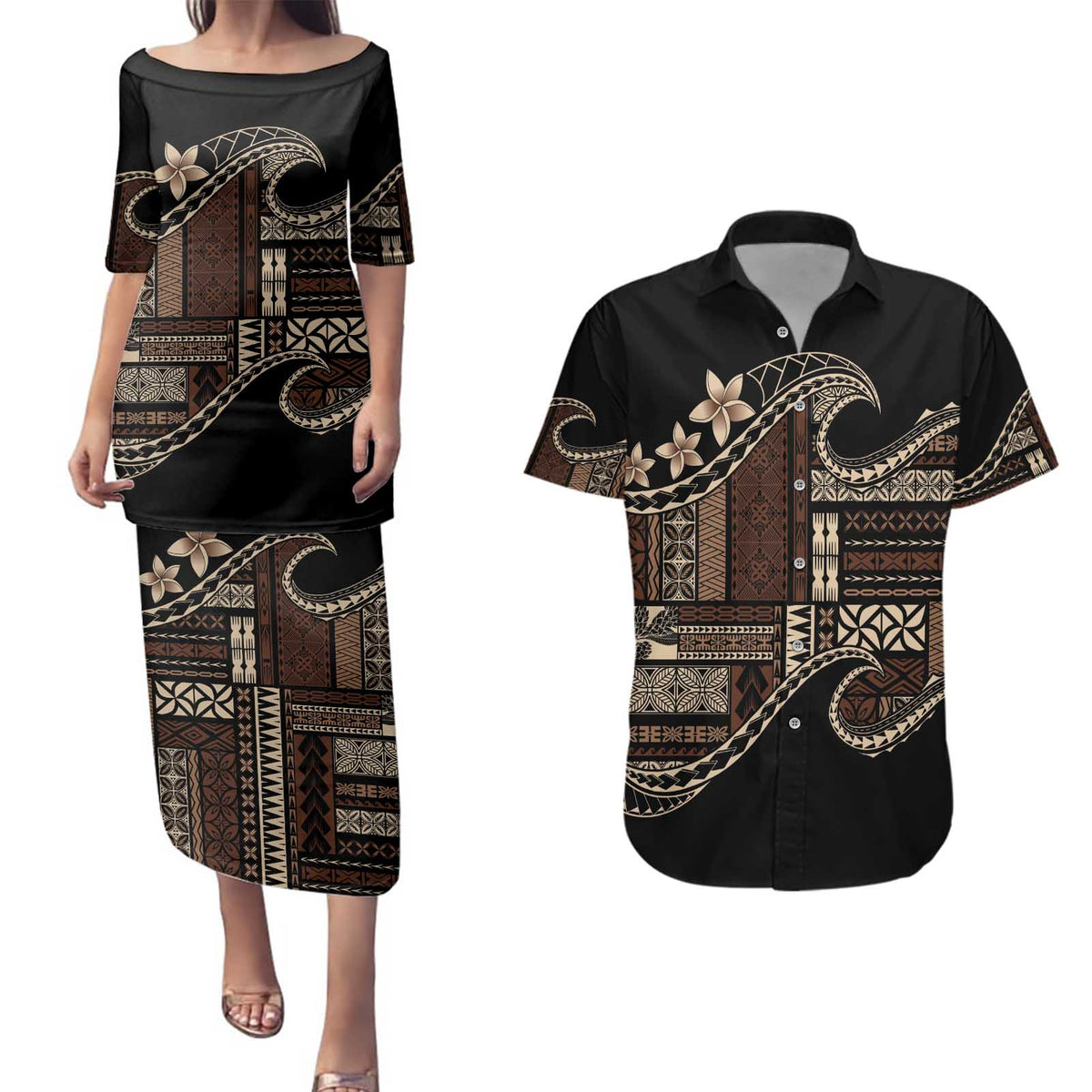 Samoa Siapo Mamanu Couples Matching Puletasi and Hawaiian Shirt Waves Motifs