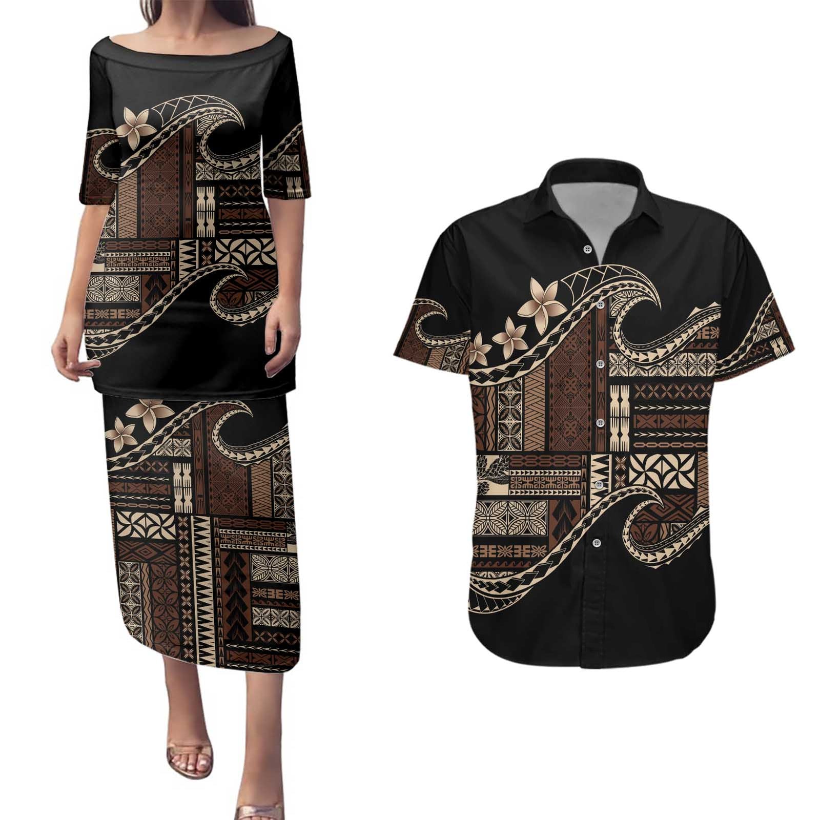 Samoa Siapo Mamanu Couples Matching Puletasi and Hawaiian Shirt Waves Motifs