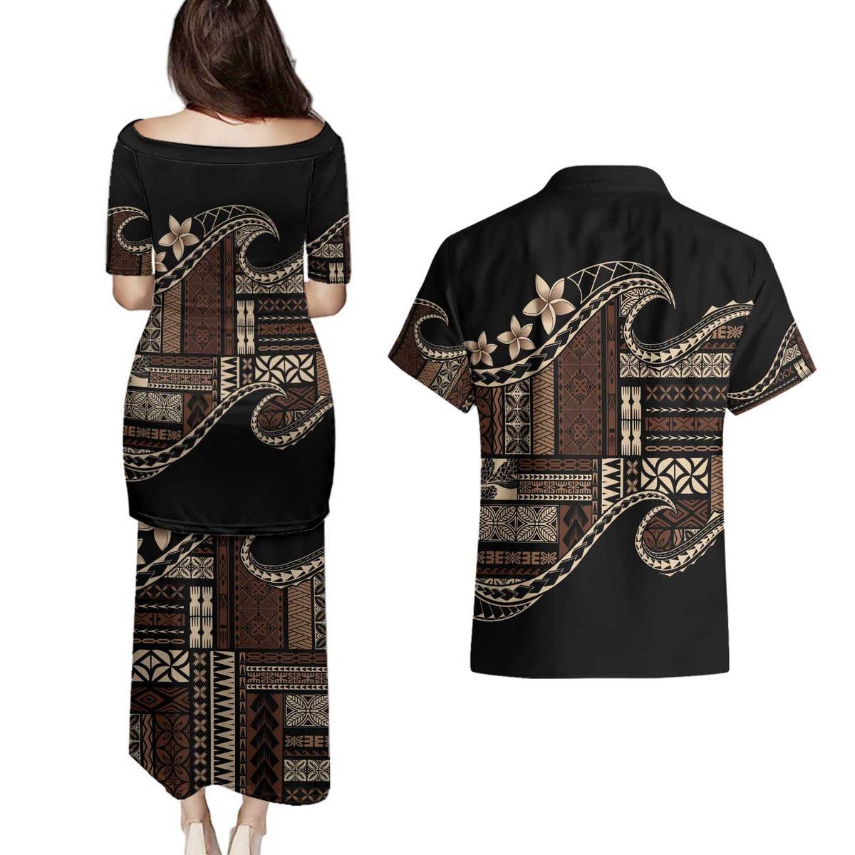 Samoa Siapo Mamanu Couples Matching Puletasi and Hawaiian Shirt Waves Motifs