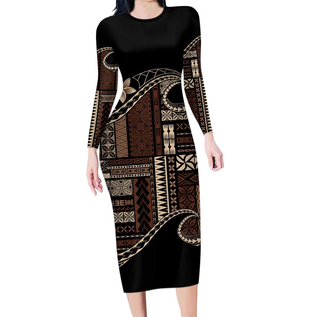 Samoa Siapo Mamanu Family Matching Long Sleeve Bodycon Dress and Hawaiian Shirt Waves Motifs LT7 Mom's Dress Black - Polynesian Pride