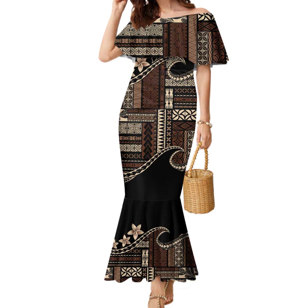 Samoa Siapo Mamanu Family Matching Mermaid Dress and Hawaiian Shirt Waves Motifs LT7 Mom's Dress Black - Polynesian Pride