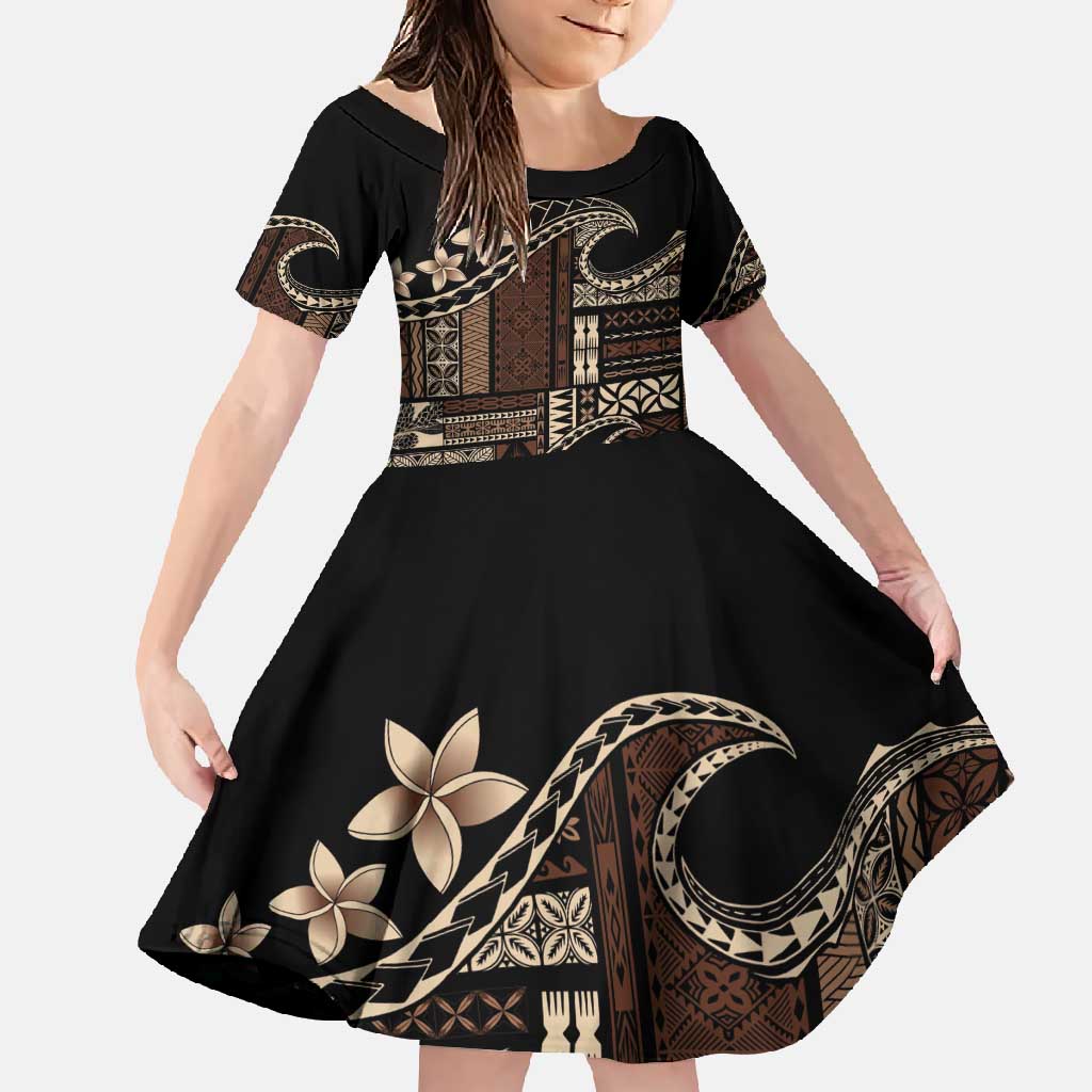 Samoa Siapo Mamanu Family Matching Off Shoulder Maxi Dress and Hawaiian Shirt Waves Motifs LT7 Daughter's Dress Black - Polynesian Pride