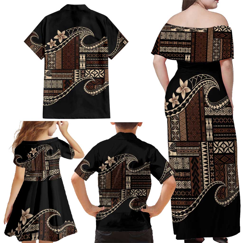 Samoa Siapo Mamanu Family Matching Off Shoulder Maxi Dress and Hawaiian Shirt Waves Motifs LT7 - Polynesian Pride
