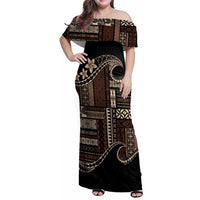 Samoa Siapo Mamanu Family Matching Off Shoulder Maxi Dress and Hawaiian Shirt Waves Motifs LT7 Mom's Dress Black - Polynesian Pride