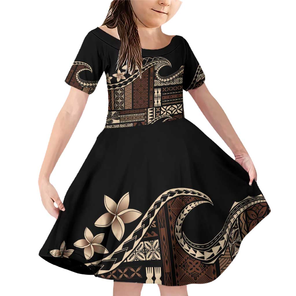 Samoa Siapo Mamanu Family Matching Off Shoulder Short Dress and Hawaiian Shirt Waves Motifs LT7 Daughter's Dress Black - Polynesian Pride
