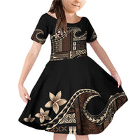 Samoa Siapo Mamanu Family Matching Off Shoulder Short Dress and Hawaiian Shirt Waves Motifs LT7 Daughter's Dress Black - Polynesian Pride