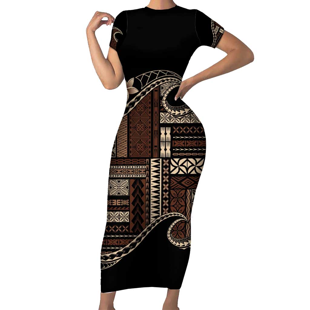 Samoa Siapo Mamanu Family Matching Short Sleeve Bodycon Dress and Hawaiian Shirt Waves Motifs LT7 Mom's Dress Black - Polynesian Pride
