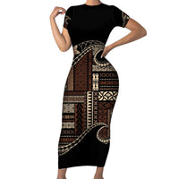 Samoa Siapo Mamanu Family Matching Short Sleeve Bodycon Dress and Hawaiian Shirt Waves Motifs LT7 Mom's Dress Black - Polynesian Pride